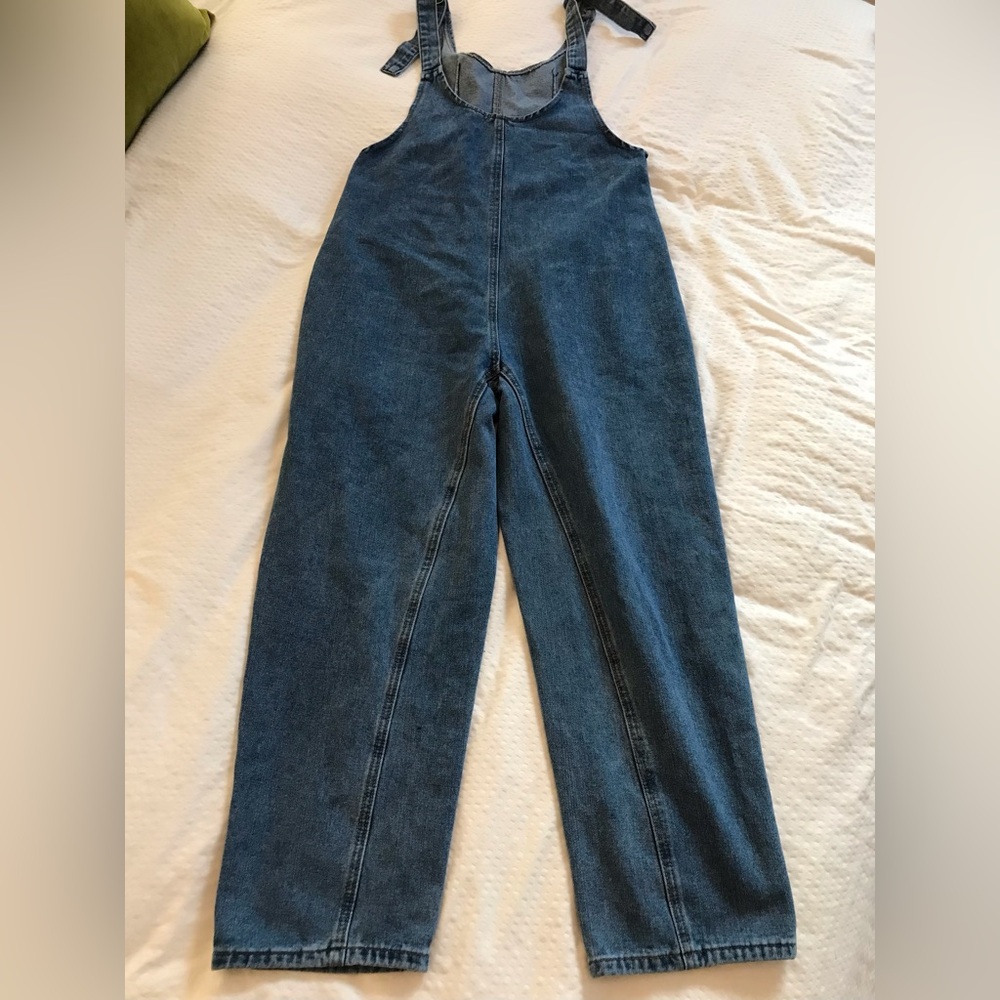 Vintage Denim Overalls L Pockets Side Zip Adjustable Straps Wide Leg Bib Front